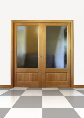 Porta Massello Moderno mod. Martina (due ante a vetro), disponibile in varie essenze: Pioppo / Toulipier / Rovere / Castagno / Frassino e altri legni su richiesta. Vetri disponibili in vari disegni.